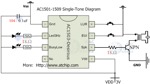 單音片系列鈴兒響叮當(dāng)音樂芯片應(yīng)用電路: