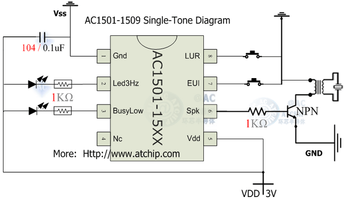 單音片系列蘭花草音樂芯片應用電路: